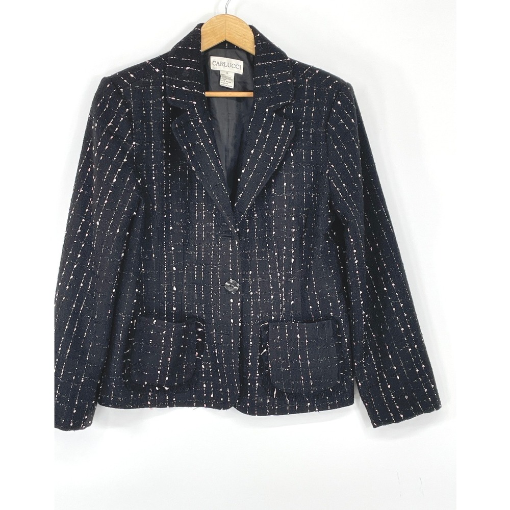 Carlucci Y2K Womens Blazer 6 Tweed Black Pink White Fringe Professional